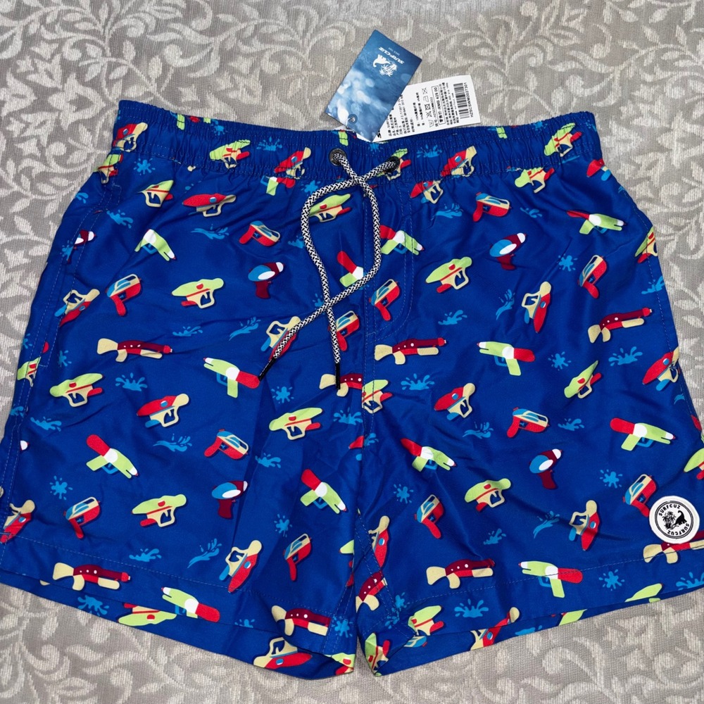 SurfCuz Boys Swim Shorts Blue Water Gun Print Mesh‎ Lined Trunks (A2)